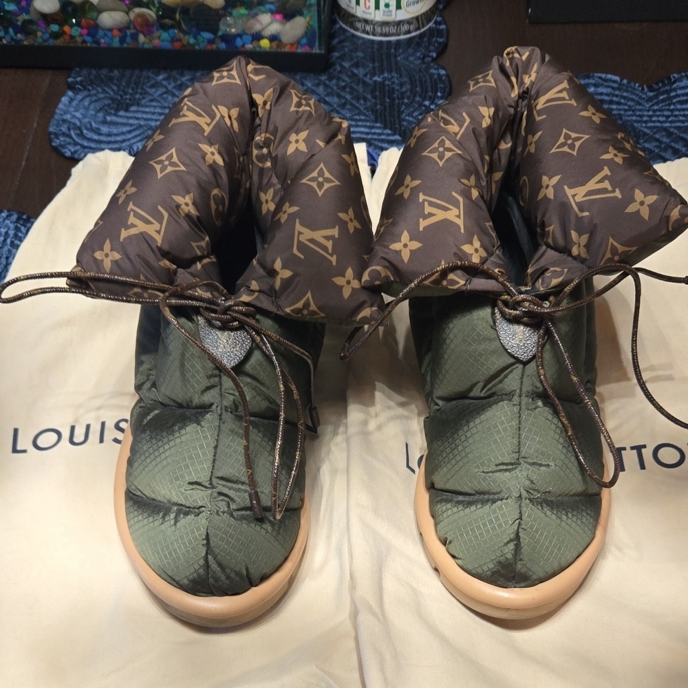 Womens Louis Vuitton Olive Quilted Monogram Puffer Booties with Brown Cuff